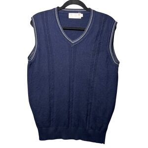 Vintage Woolmark Sweater Vest Pure New Wool Navy V-Neck Rib Knit Mens Medium 90s